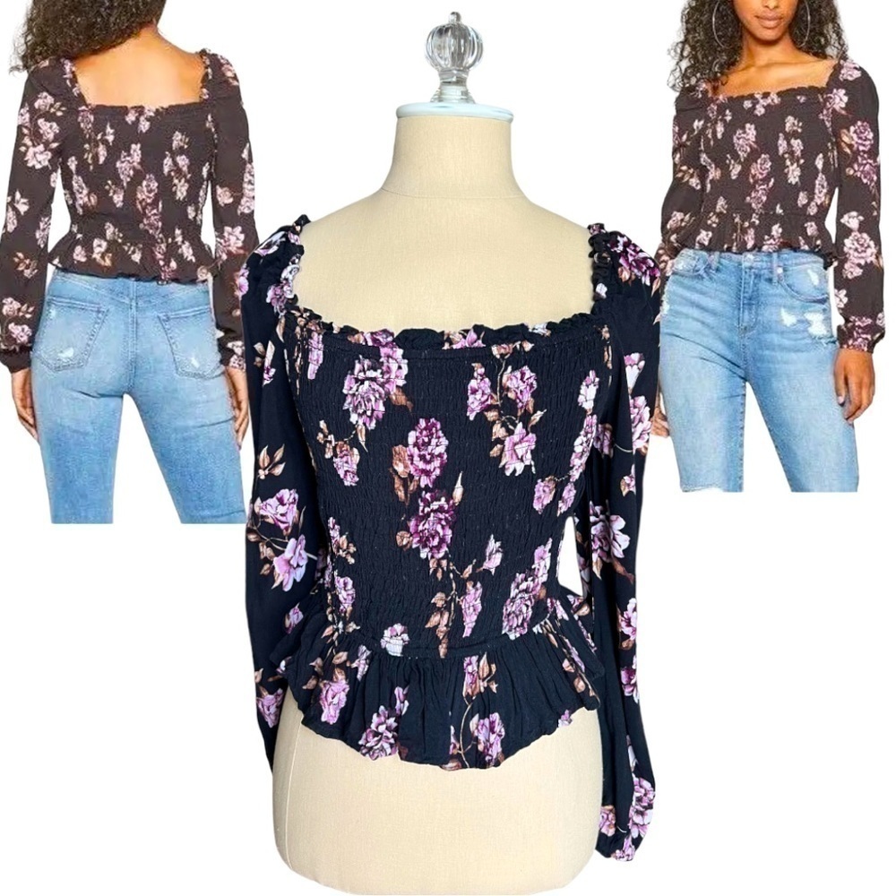 FLIRTY Wild Fable Floral Cropped Smocked Long Sleeve Square Neck Boho Top Medium